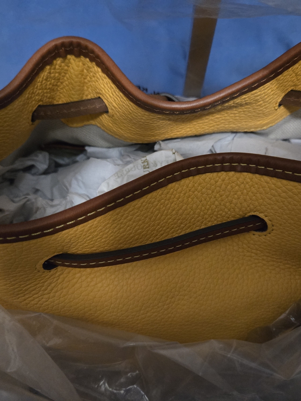 Dooney & Bourke Mustard Yellow Leather Drawstring Hobo with Dark Brown Straps - Picture 6 of 16